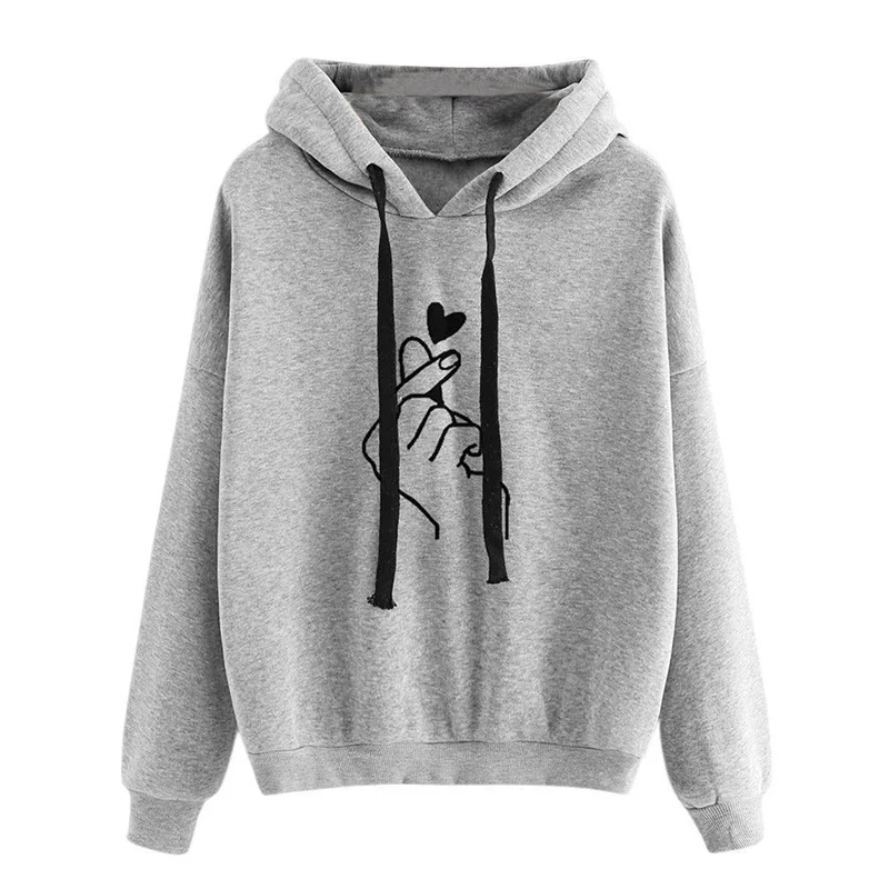 Autumn Fleece Hoodie Solid Color Finger Heart Hooded Korean Fashion Sweatshirts Long Sleeve Top Drawstring Pockets Loose Hoodies - Image 3