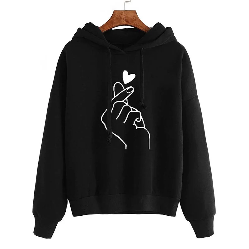 Autumn Fleece Hoodie Solid Color Finger Heart Hooded Korean Fashion Sweatshirts Long Sleeve Top Drawstring Pockets Loose Hoodies - Image 4