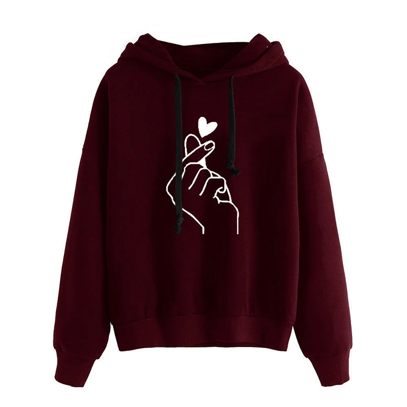Autumn Fleece Hoodie Solid Color Finger Heart Hooded Korean Fashion Sweatshirts Long Sleeve Top Drawstring Pockets Loose Hoodies - Image 5