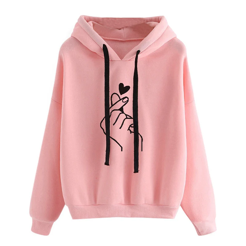 Autumn Fleece Hoodie Solid Color Finger Heart Hooded Korean Fashion Sweatshirts Long Sleeve Top Drawstring Pockets Loose Hoodies - Image 2