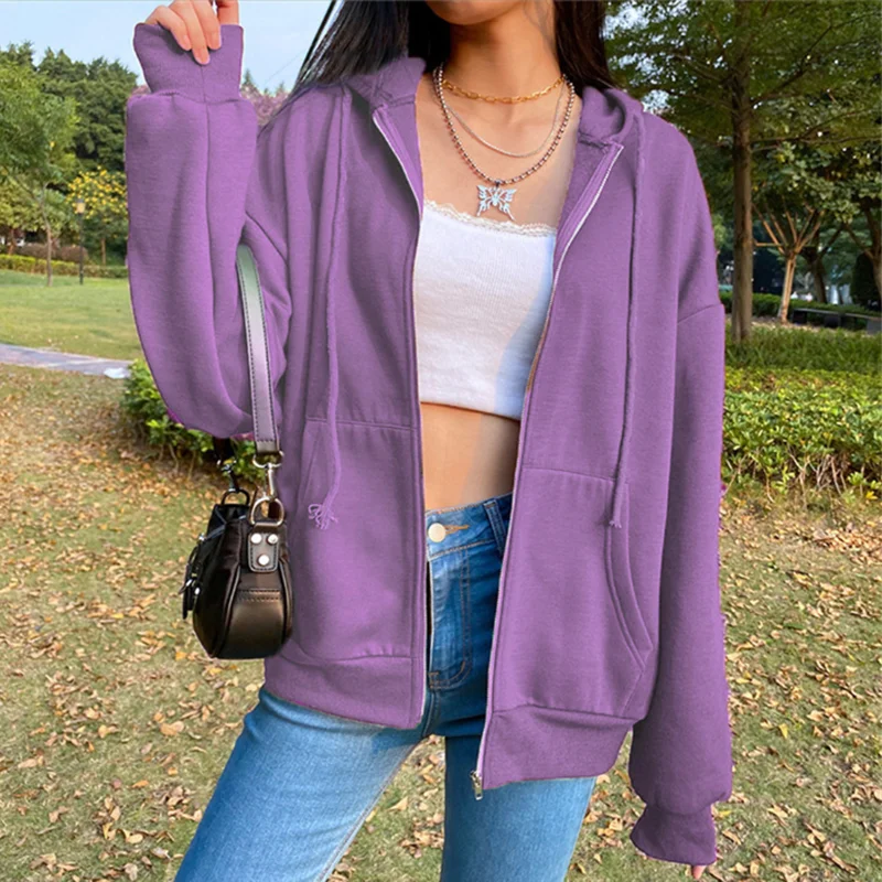 Autumn Fleece Hoodie Solid Color Hooded Korean Fashion Sweatshirts Long Sleeve Top Drawstring Pockets Loose Zipper Black Hoodies - Image 7