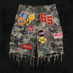 Retro Blue Streetwear Patchwork Denim Short Y2K Jeans Men Women Hip Hop Cartoon Graphics Loose Camo Denim Fitness Casual Shorts