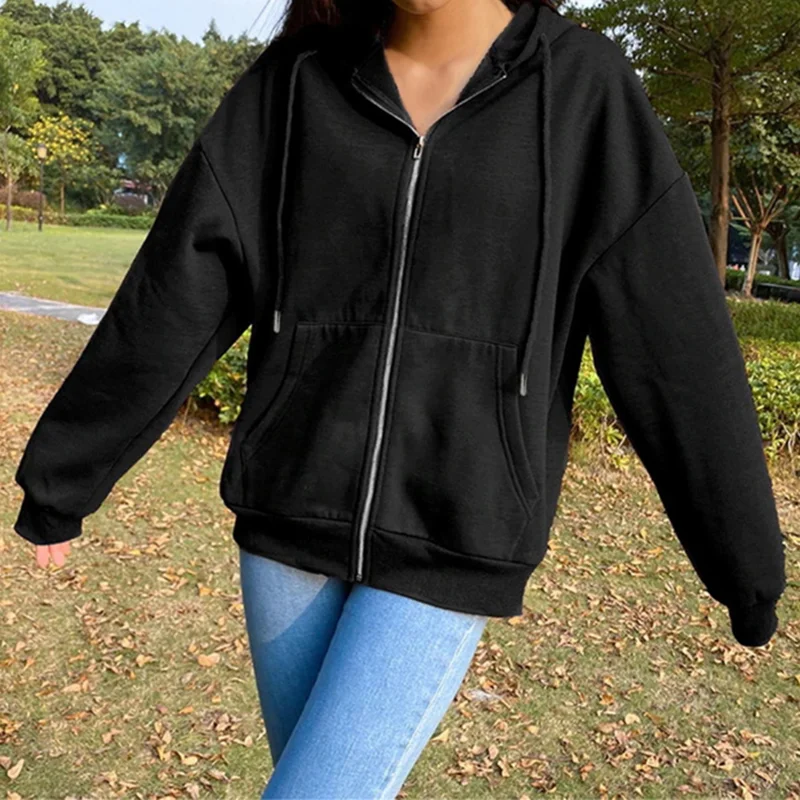 Autumn Fleece Hoodie Solid Color Hooded Korean Fashion Sweatshirts Long Sleeve Top Drawstring Pockets Loose Zipper Black Hoodies - Image 6