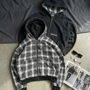 Harajuku Trendy Reversible Plaid Lining Letter Embroidered ZipUp Hoodie Men Women Black Oversized Coat Street Retro Loose Hoodie