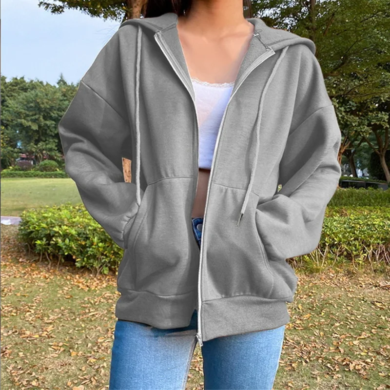 Autumn Fleece Hoodie Solid Color Hooded Korean Fashion Sweatshirts Long Sleeve Top Drawstring Pockets Loose Zipper Black Hoodies - Image 3