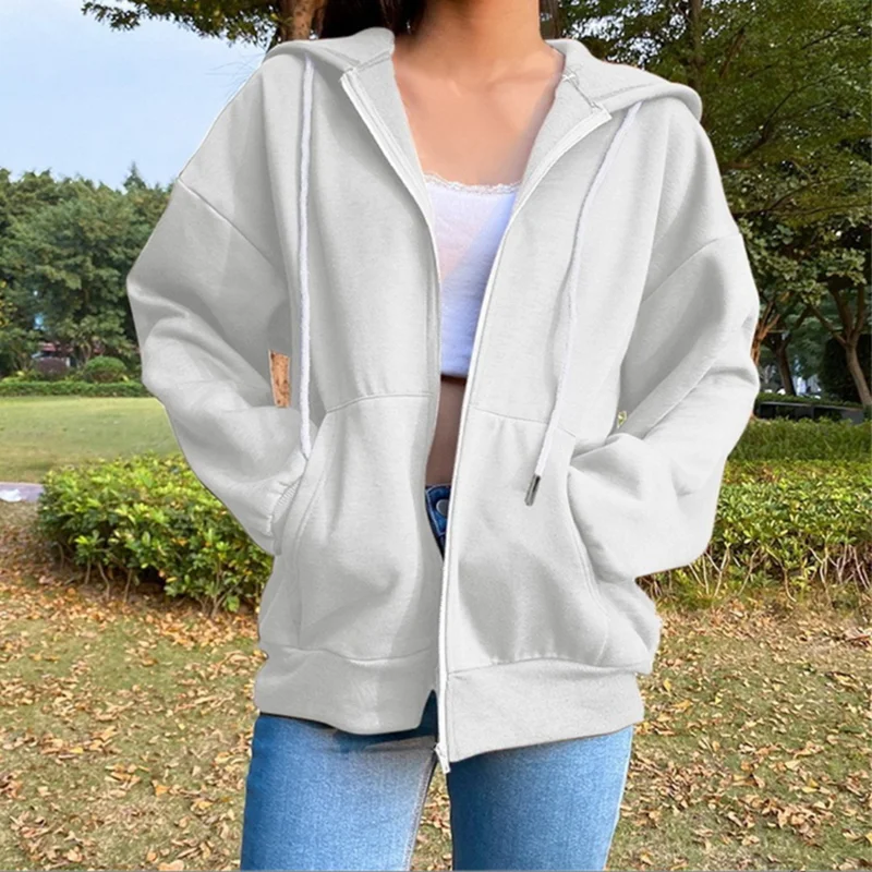 Autumn Fleece Hoodie Solid Color Hooded Korean Fashion Sweatshirts Long Sleeve Top Drawstring Pockets Loose Zipper Black Hoodies - Image 4
