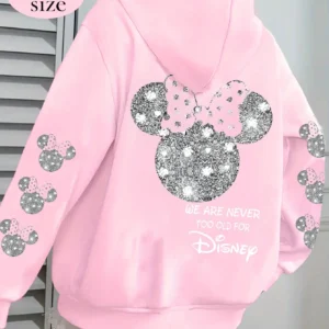 Women Disney Cotton Fleece Hoodie Pink Color Large Back Minnie Head Glitter Bow and Sleeve Patterns Loose Fit​