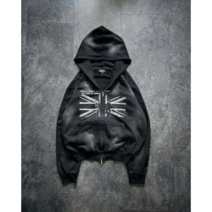 2026 New Arrival Women Y2K Washed Black Full Zip Hoodie Union Jack Flag Letter Graphic Print Distressed Vintage Hooded Jacket