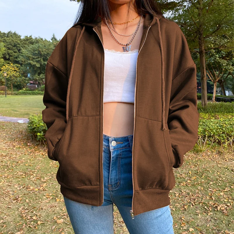 Autumn Fleece Hoodie Solid Color Hooded Korean Fashion Sweatshirts Long Sleeve Top Drawstring Pockets Loose Zipper Black Hoodies - Image 5