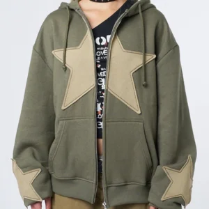 Y2K Vintage Star Print Hooded Hoodie for Women Casual Loose Long Sleeve Zip Up Drawstring Sweatshirts Autumn Spring Coat Street