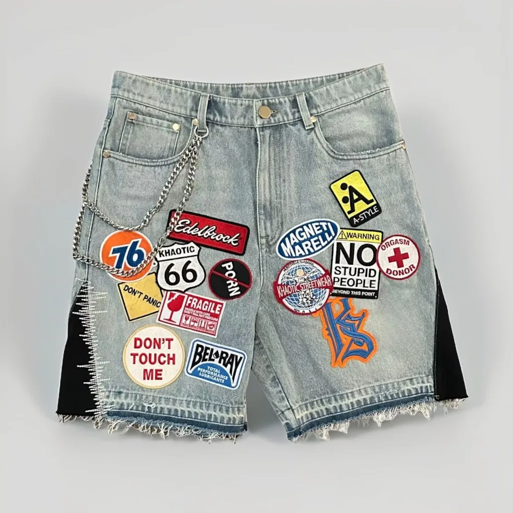 Retro Blue Streetwear Patchwork Denim Short Y2K Jeans Men Women Hip Hop Cartoon Graphics Loose Camo Denim Fitness Casual Shorts - Image 3