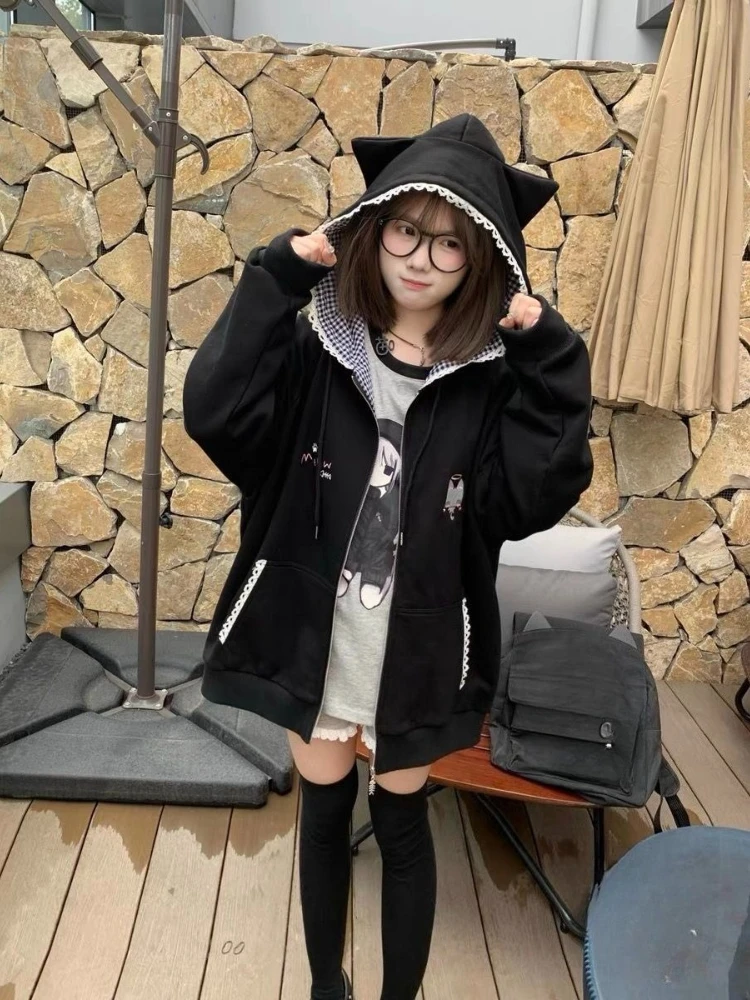 Y2k Kawaii Japanese Cartoon Long Sleeve Zipper Hooded Sweatshirts Subculture Loose Casual Hoodies Women Tops 2000s Vintage Chic - Image 3