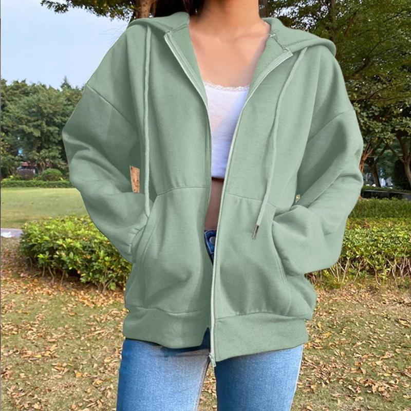 Autumn Fleece Hoodie Solid Color Hooded Korean Fashion Sweatshirts Long Sleeve Top Drawstring Pockets Loose Zipper Black Hoodies - Image 2