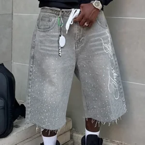 Men s Stylish Knee-Length Denim Shorts with Embroidered Logo and Rhinestone Detailing for Summer Casual Wear
