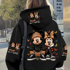 Unisex Disney Cotton Fleece Hoodie Black Color with Mickey Minnie Sitting Pose and Colorful Butterflies Back Print Loose Fit