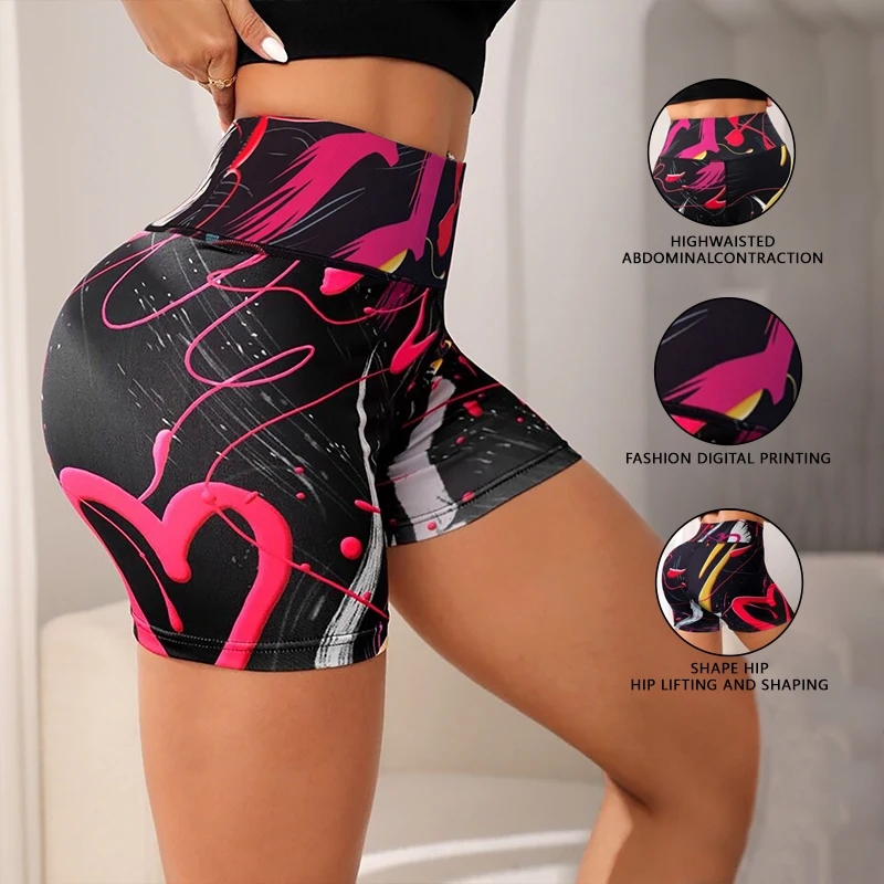 Women Summer Sexy Heart Graffiti Print Yoga leggings Shorts Women High Waist Tummy Control Workout Shorts Athletic Biker Shorts - Image 2