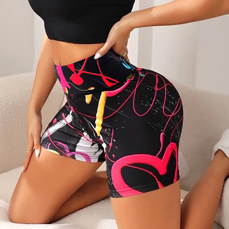 Women Summer Sexy Heart Graffiti Print Yoga leggings Shorts Women High Waist Tummy Control Workout Shorts Athletic Biker Shorts - Image 3