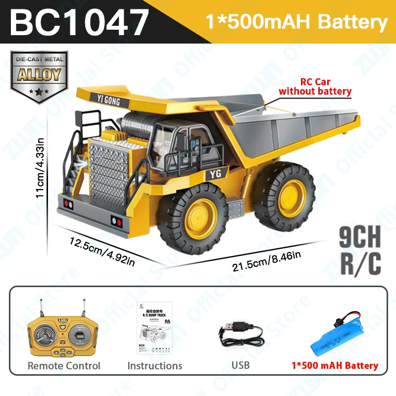 ZWN 2.4G Remote Control Excavator Dump Truck RC Model Car Toy Professional Alloy Plastic Simulation Construction Vehicle for Kid - Image 8