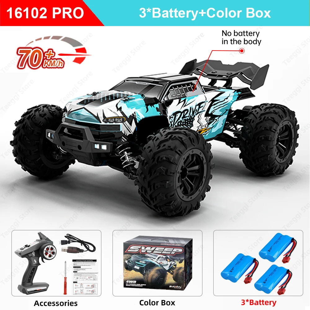 Teeggi 16101 /16102 PRO 1:16 High Speed RC Car With LED Light Drift 70KM/H 4WD RC Off-Road Car Monster Truck Toy For Kid Gifts - Image 12