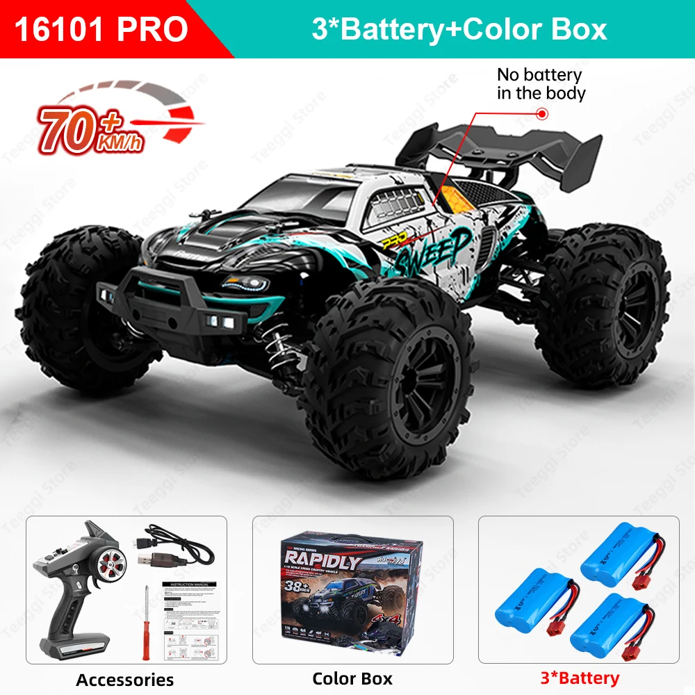 Teeggi 16101 /16102 PRO 1:16 High Speed RC Car With LED Light Drift 70KM/H 4WD RC Off-Road Car Monster Truck Toy For Kid Gifts - Image 16