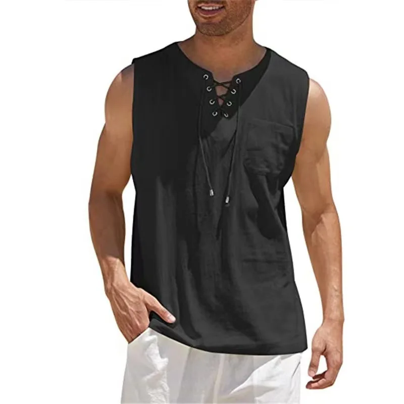 Cotton Linen Shirts Men's Casual Sleeveless Vest Lace Up Shirts Retro V Neck Tank Tops Loose Shirt Male Solid Color Clothes - Image 9