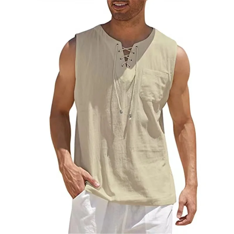 Cotton Linen Shirts Men's Casual Sleeveless Vest Lace Up Shirts Retro V Neck Tank Tops Loose Shirt Male Solid Color Clothes - Image 7