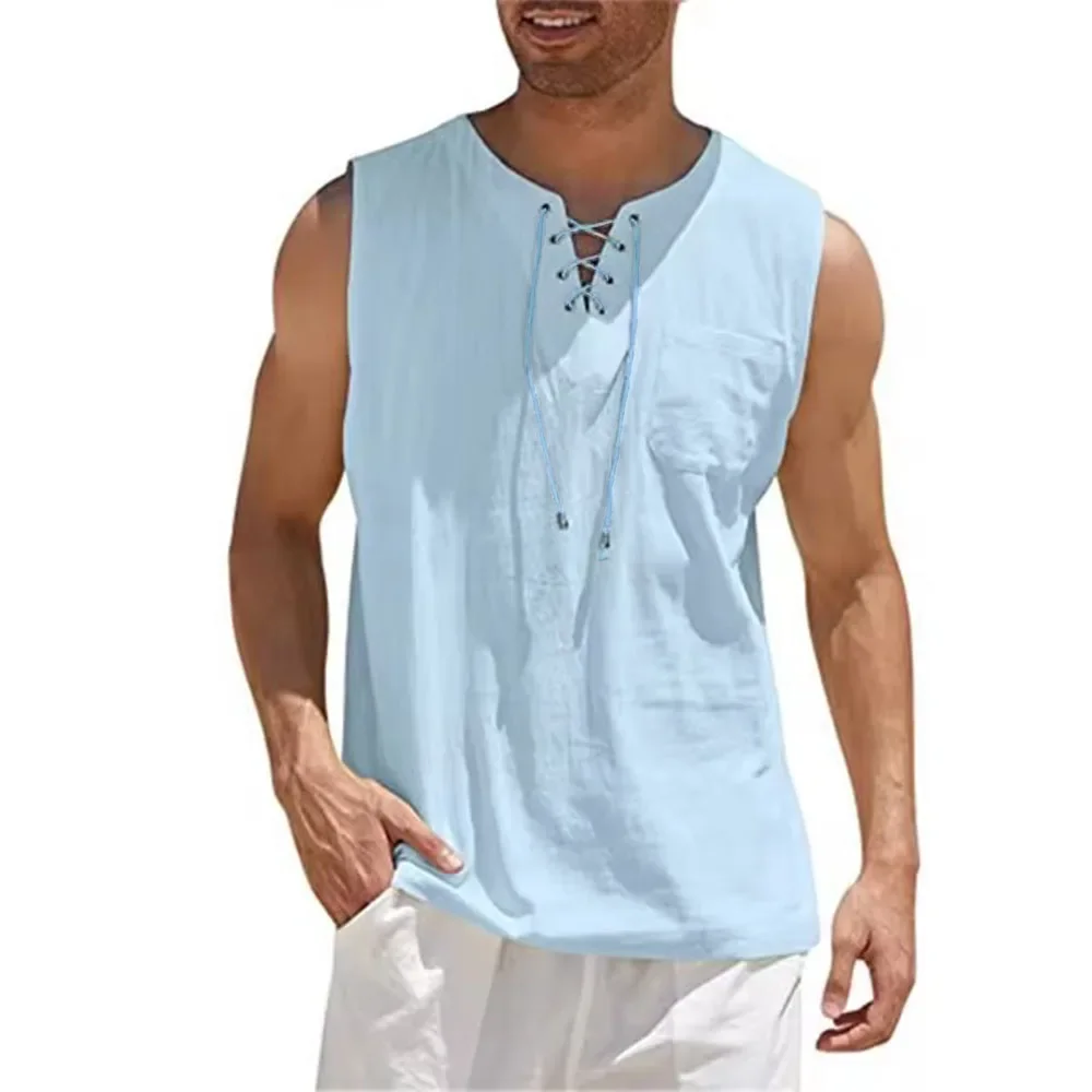Cotton Linen Shirts Men's Casual Sleeveless Vest Lace Up Shirts Retro V Neck Tank Tops Loose Shirt Male Solid Color Clothes - Image 4