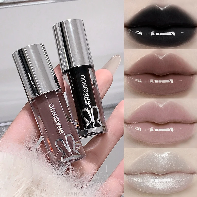 Water Light Mirror Moisturizing Lip Gloss Punk Black Silver Fine Flash Low Saturation Lip Glaze Long-lasting Nude Lip Makeup