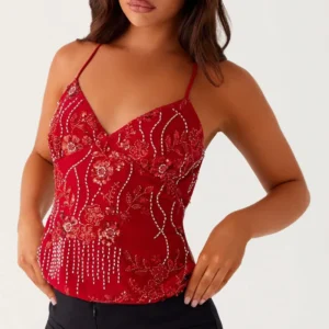 Summer Women Y2k Sequin Halter Crop Tops Pearl Embellished Cami Tops Summer Glitter V Neck Rhinestone Camisole Tank Shirt