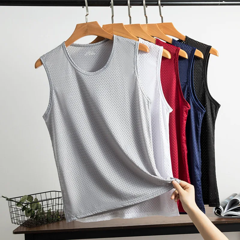 Men's Ice Silk Mesh Tank Tops Gym Stringer Transparent Bodybuilding Sleeveless Shirt Fitness Vest Male mesh Muscle Singlets - Image 2