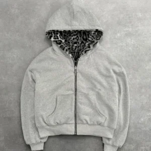 Unisex hoodie hooded sweatshirt with leopard print lining pocket, loose cardigan, zipper sweatshirt, streetwear style