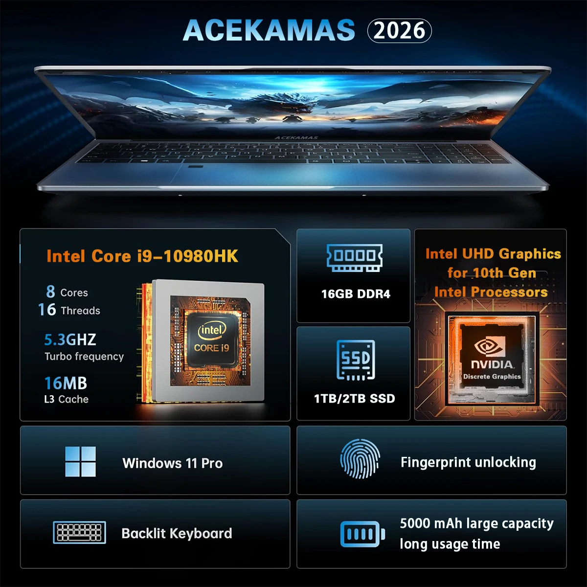 ACEKAMAS 2026 15.6" Intel Core i9 10980HK Laptop Computer Windows 11 Pro 16GB DDR4 1TB SSD Notebook PC Portable Laptops Gaming - Image 2