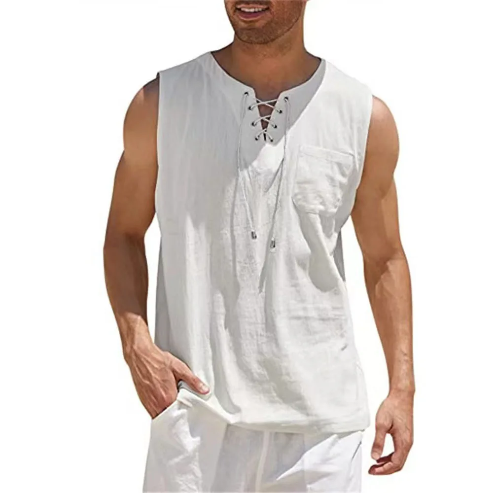 Cotton Linen Shirts Men's Casual Sleeveless Vest Lace Up Shirts Retro V Neck Tank Tops Loose Shirt Male Solid Color Clothes - Image 10