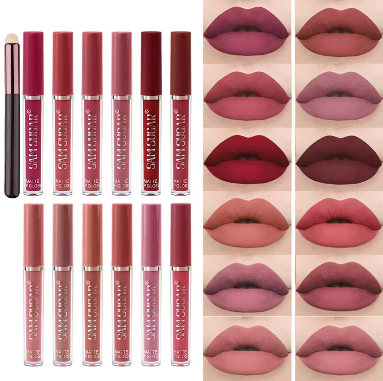 12-piece Matte Lip Gloss Set with Lip Brush - Non-transfer, Long-lasting, Waterproof and Sweat-proof, Lipstick Makeup, Suitable - Image 5