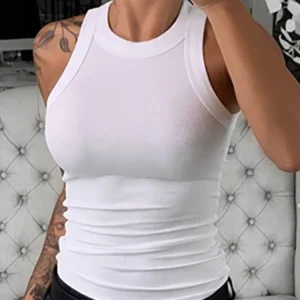 Women Solid Round Neck Ribbed Tank Top Camisole Women Summer Basic Elastic Tank Top O Neck Solid Tank Top