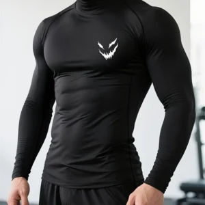 Men's Smiling Face Print Quick-drying Tight Long-sleeved T-shirt Fitness Training Stretch Top Spring and Autumn Turtleneck Tees