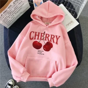 Girls 2000s Cherry Love Long Sleeve Pocket Hoodies Funny Gothic Sweatshirt  Women's Print Casual Hoody Streetwear Y2k Clothes