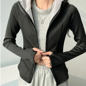 Women's Hooded Yoga Jacket for Autumn Winter Slim-Fit Fleece Top Thick Versatile Windproof  Warm Sports Wear