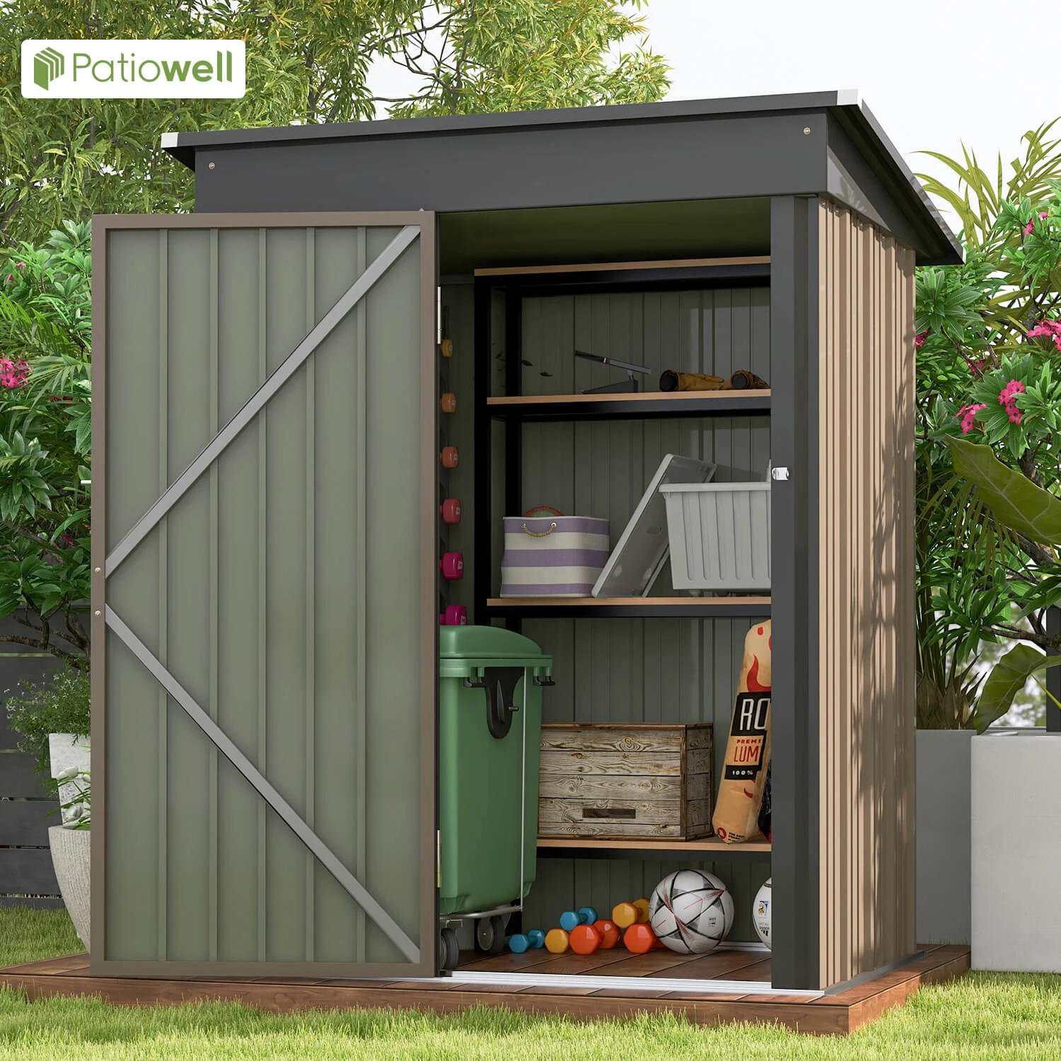 Patiowell 5x3 FT Outdoor Storage Shed, Tool Shed with Sloping Roof and Lockable Door, Metal Shed for Backyard Garden Patio Lawn - Image 2