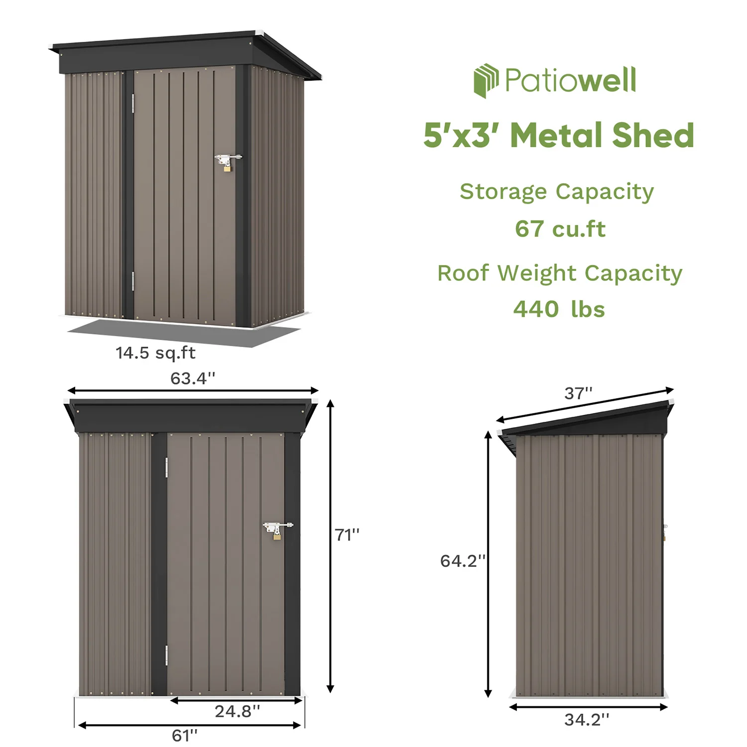 Patiowell 5x3 FT Outdoor Storage Shed, Tool Shed with Sloping Roof and Lockable Door, Metal Shed for Backyard Garden Patio Lawn - Image 3
