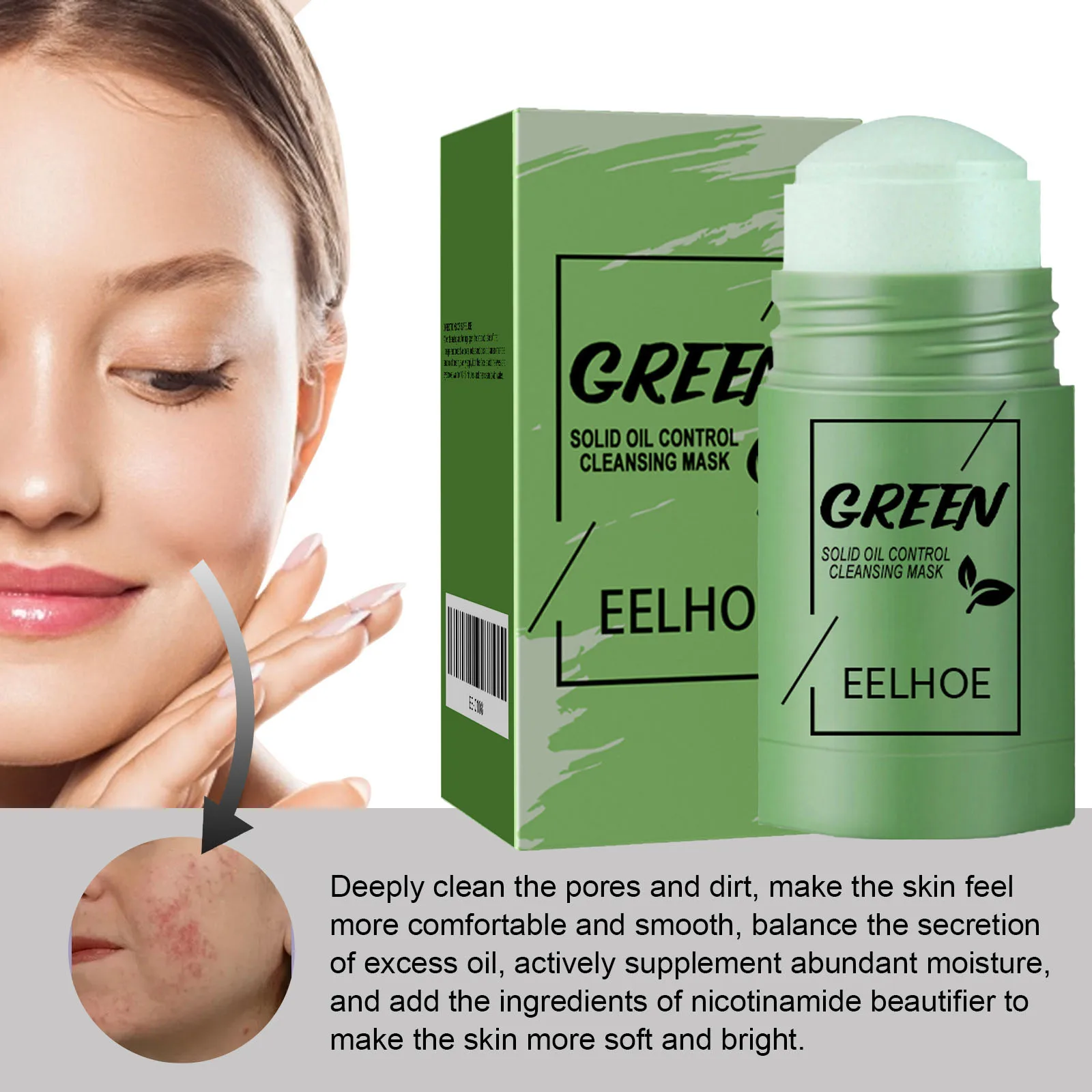 Eelhoe 40g Green Tea Cleansing Solid Face Mask Stick Acne Treatment Oil Control Moisture Remove Blackhead Clean Pores Face Mask - Image 3