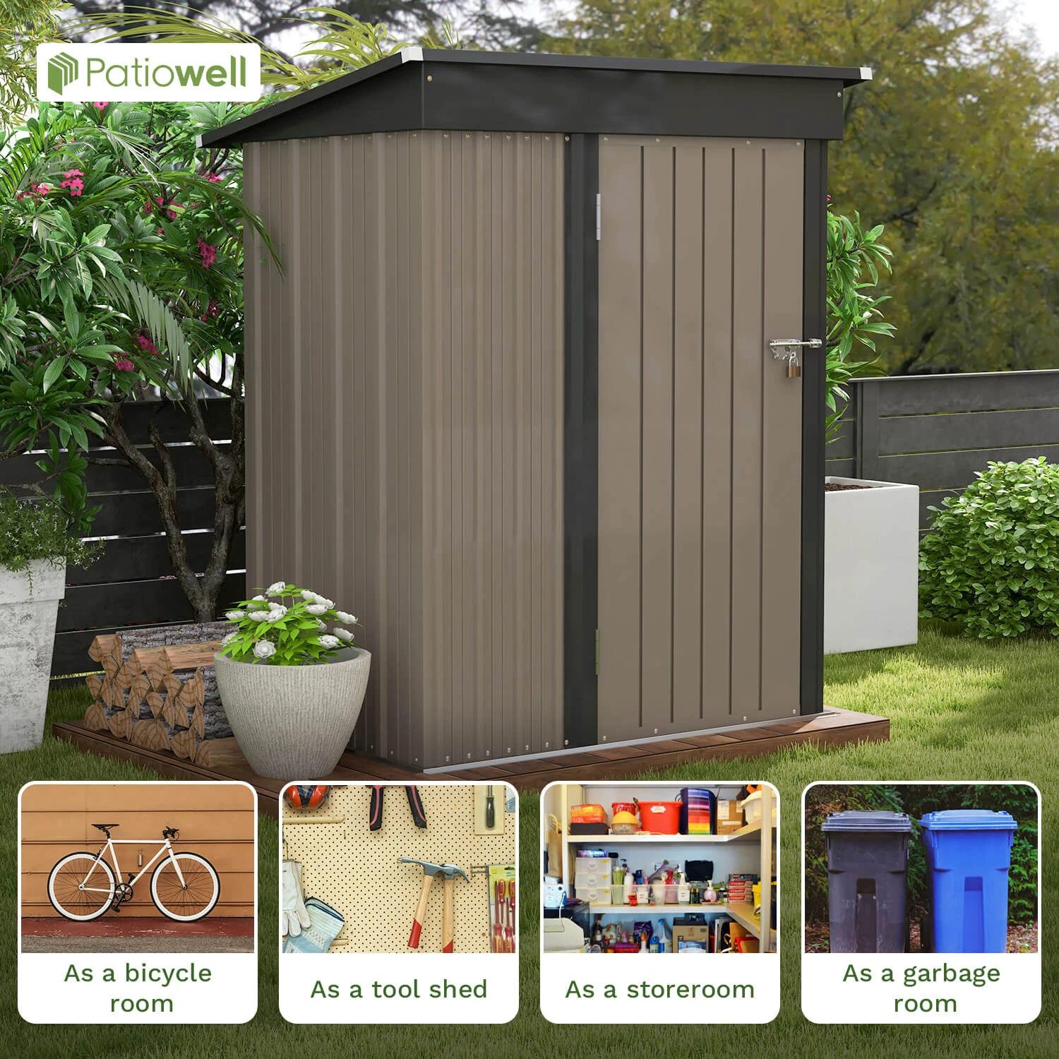 Patiowell 5x3 FT Outdoor Storage Shed, Tool Shed with Sloping Roof and Lockable Door, Metal Shed for Backyard Garden Patio Lawn - Image 6