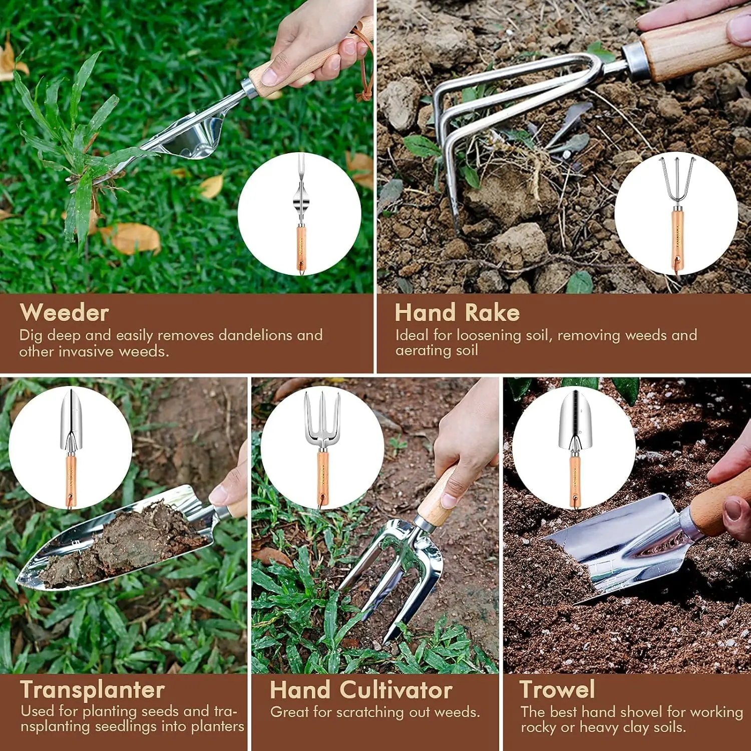 10-Piece Heavy Duty Gardening Tools Set with Stainless Steel and Wooden Handle, Includes Storage Bag, Perfect Gift for Gardeners - Image 6