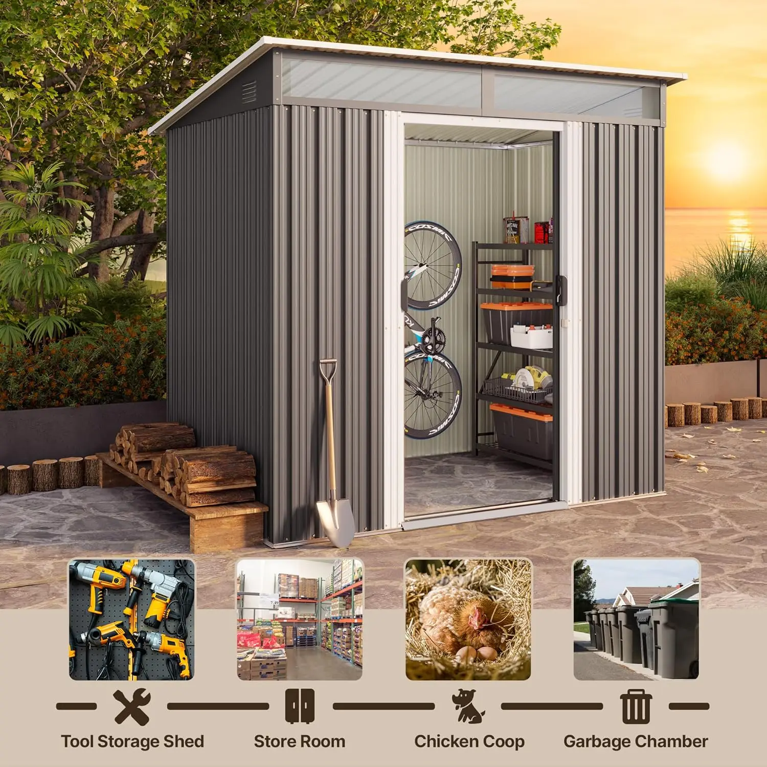 6'x4' Outdoor Storage Shed Metal Garden Shed with Sliding Lockable Doors, Versatile Tool Bike Shed with Transparent, Customized - Image 5