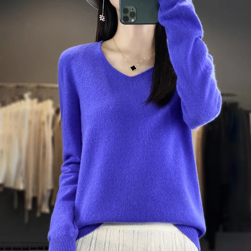 Women 100% Merino Wool Sweater V-Neck Basic Pullover Autumn Winter Cashmere Clothing Long Sleeve Soft Knitwear Tops Solid Color - Image 19