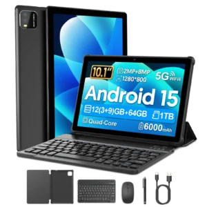 10.1-inch Android 15 tablet, supports Google Play, quad-core processor, 12GB (3+9) RAM, 64GB ROM, Bluetooth, 6000mAh battery