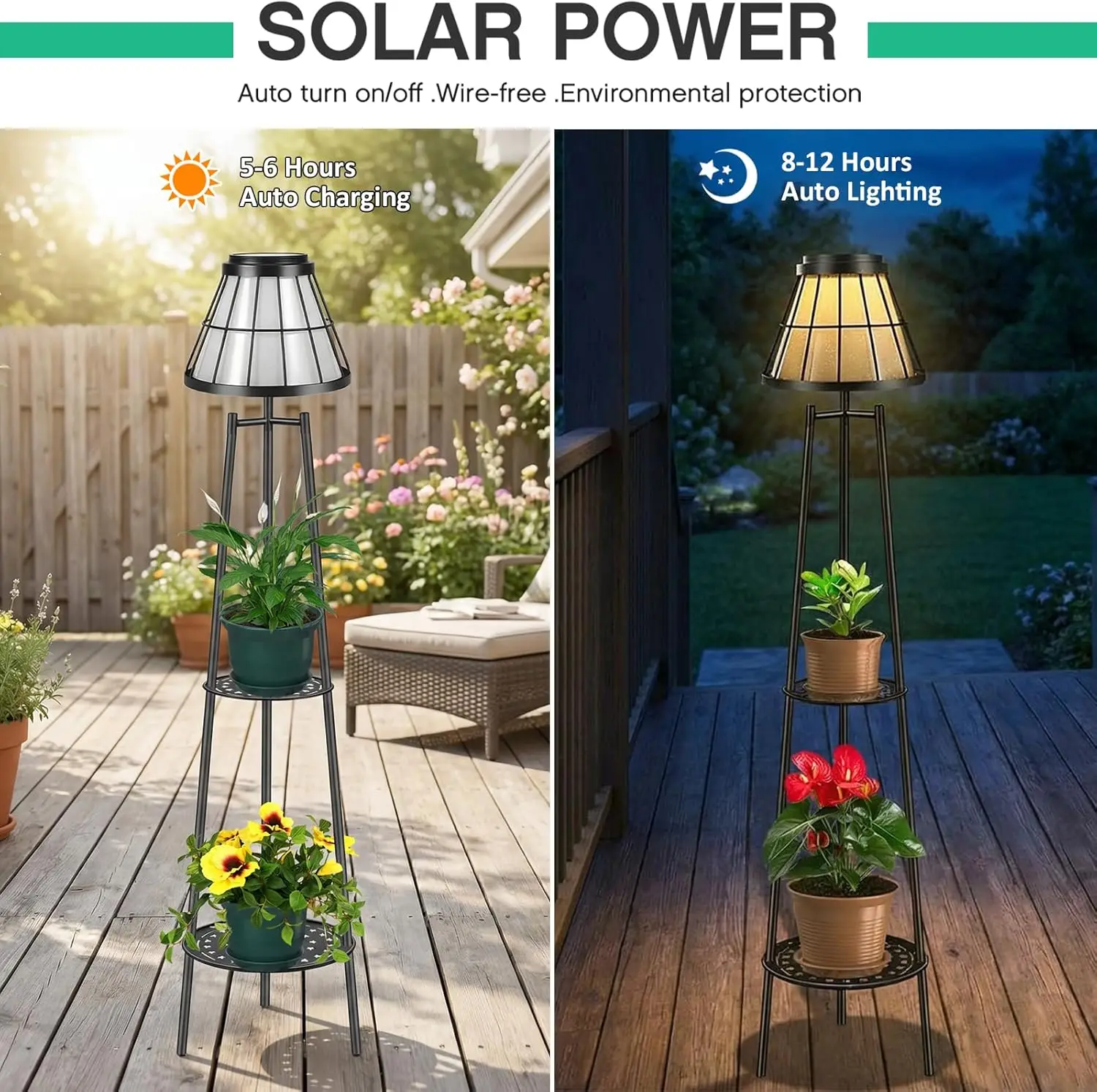 2 Pack Solar Floor Lamps with Plant Stand, Waterproof LED Lantern for Garden, Deck, Porch - Image 2