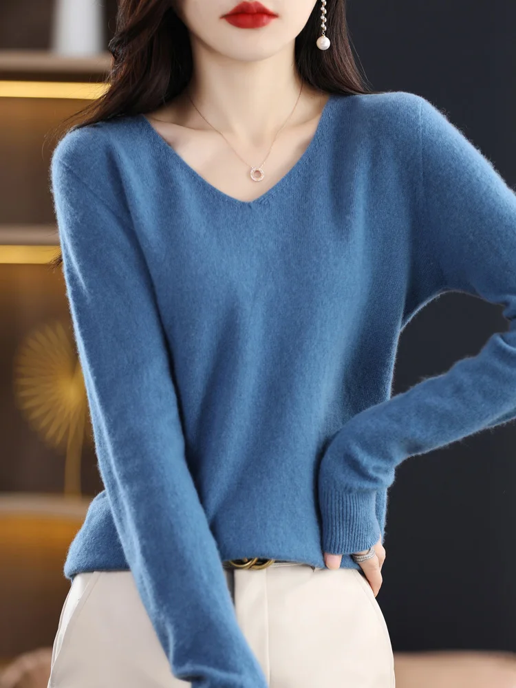 Women 100% Merino Wool Sweater V-Neck Basic Pullover Autumn Winter Cashmere Clothing Long Sleeve Soft Knitwear Tops Solid Color - Image 7