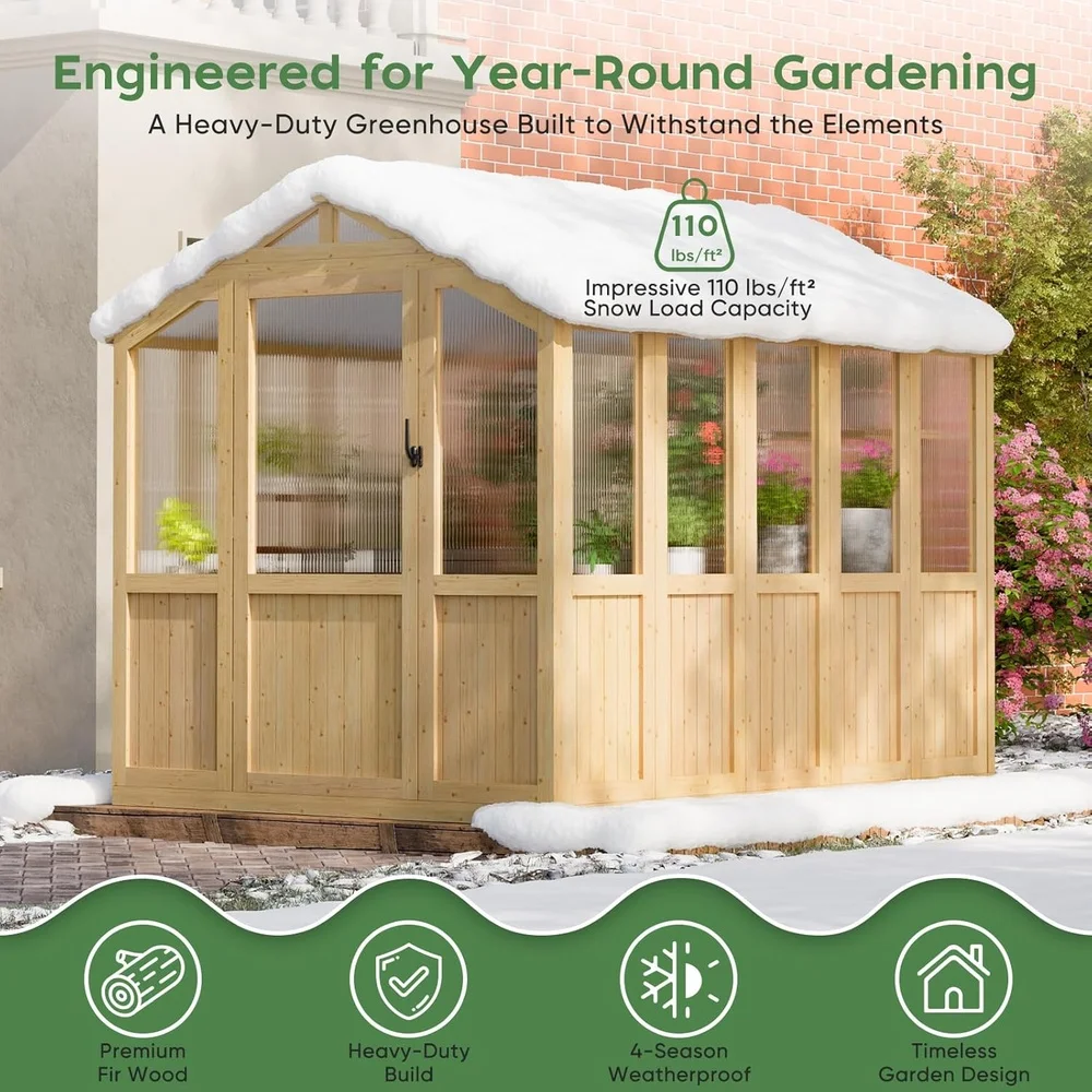 Wooden Greenhouse Garden Wood Green House, 6x8 FT Reinforced Fir Wood Structure Polycarbonate Walk-in Greenhouses Kit ,Safety Ve - Image 6