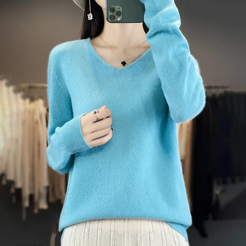 Women 100% Merino Wool Sweater V-Neck Basic Pullover Autumn Winter Cashmere Clothing Long Sleeve Soft Knitwear Tops Solid Color - Image 17